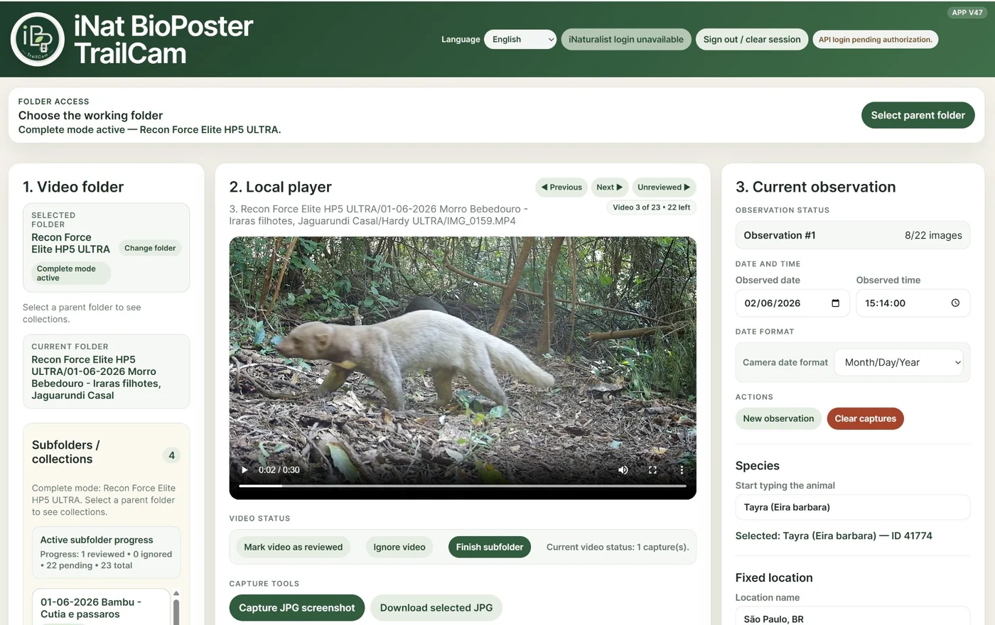 Screenshot of the iNat BioPoster TrailCam App interface